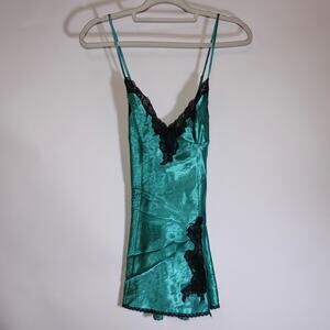 Vintage Fredericks Of Hollywood Shaping Teal Slip Dress With Black Lace And Slit